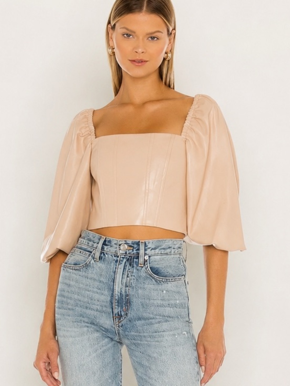Alice + Olivia Bronte Vegan Leather Blouson Sleeve Crop Top in Almond Size 8